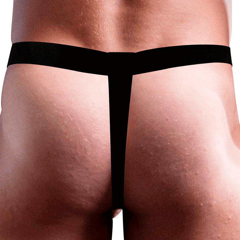 Trasera de un hombre con arnés hueco negro, diseñado para comodidad y sujeción. Ideal para diversas parejas.