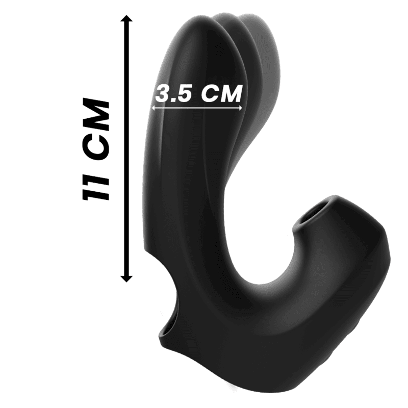 Dedal vibrador succionador de silicona médica, dimensiones 11 cm de largo y 3.5 cm de ancho, impermeable y potente.