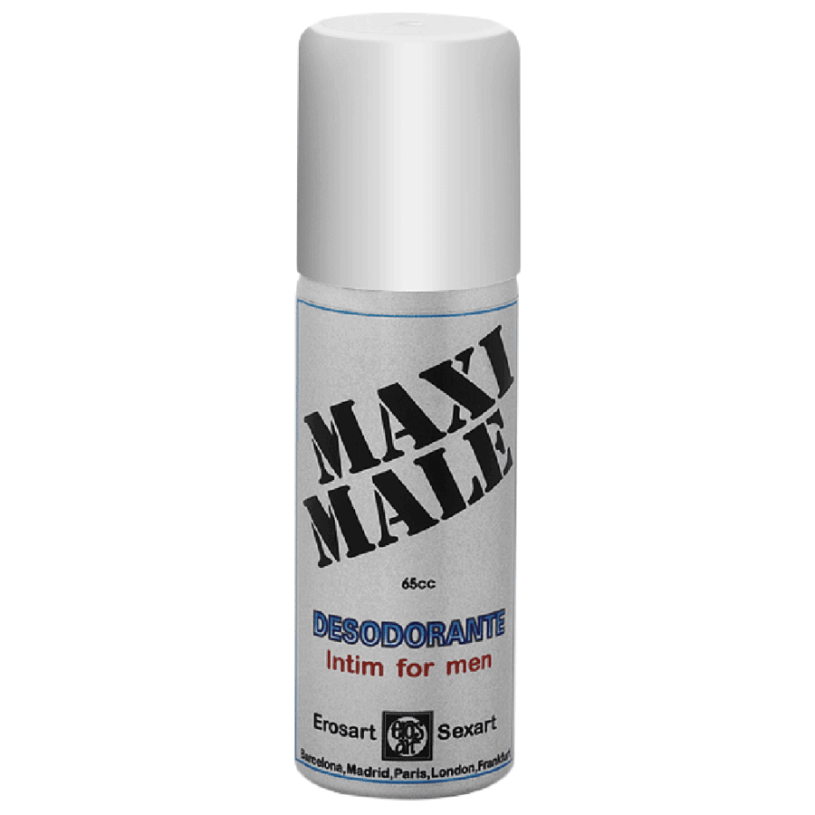 Desodorante íntimo para hombres Maxi Male en envase de 65cc, ideal para higiene y acondicionamiento genital.