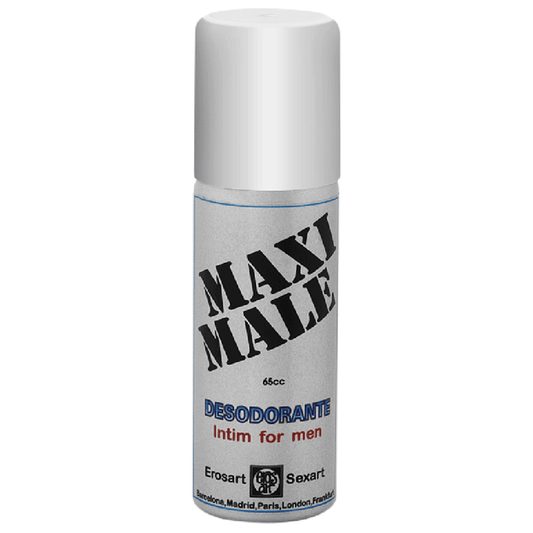 Desodorante íntimo para hombres Maxi Male en envase de 65cc, ideal para higiene y acondicionamiento genital.
