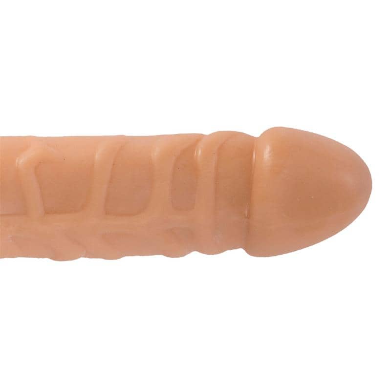 Dildo doble penetración en TPE color natural, con glandes y venas realistas en ambos extremos, flexible, impermeable y fácil de limpiar