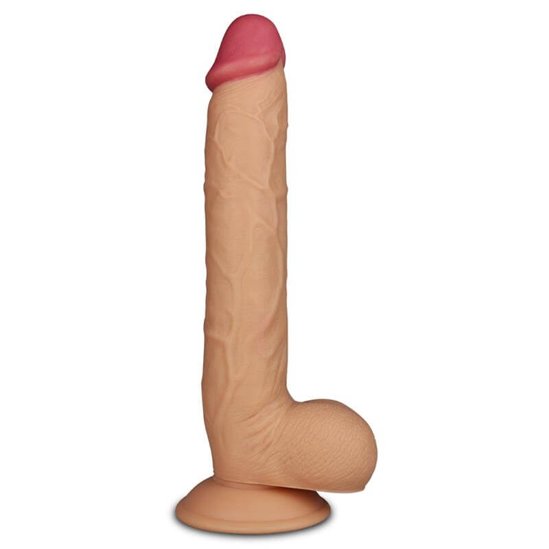 Dildo gigante realista de PVC sin ftalatos, con eje veteado, testículos texturizados y diseño flexible para una estimulación interna intensa.