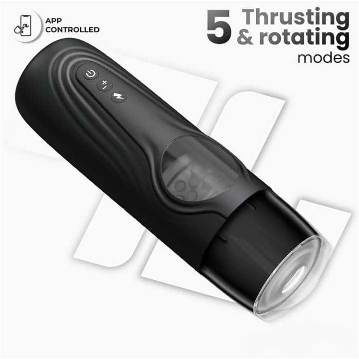 Masturbador masculino automático Egor con funciones de empuje y rotación, modo Turbo y control mediante app, fabricado en silicona premium impermeable y recargable.