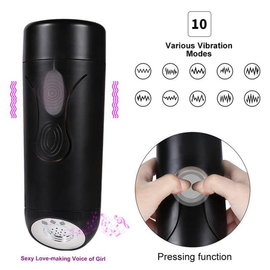 Vagina vibradora con gemidos y 10 modos de vibración, diseño ergonómico en negro, imagen ilustrativa de funciones y uso.