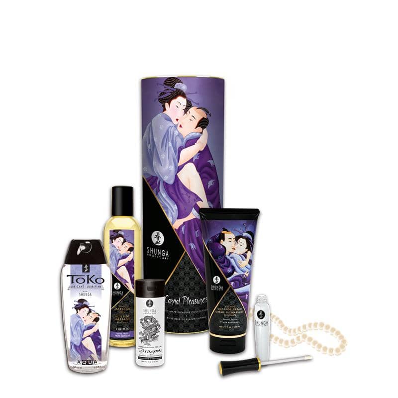 Set sensual Colección Placeres Carnales de Shunga con aceites, cremas y productos para disfrutar en pareja.