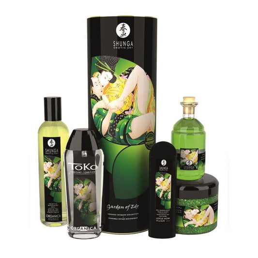 Kit sensual Jardín de Edo de Shunga con productos afrodisíacos inspirados en la naturaleza para experiencias íntimas en pareja.