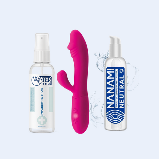 Pack erótico para principiantes con vibrador, lubricante a base de agua y limpiador, ideal para iniciarse en el placer íntimo.