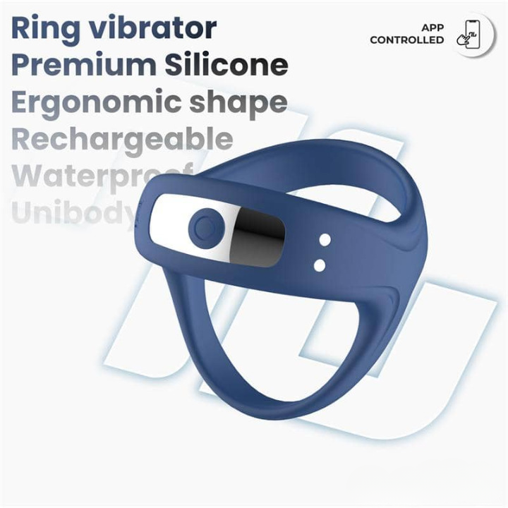 Anillo vibrador de silicona líquida con control mediante app móvil, estimulación simultánea para pene y clítoris y conexión Bluetooth para uso en pareja a distancia.