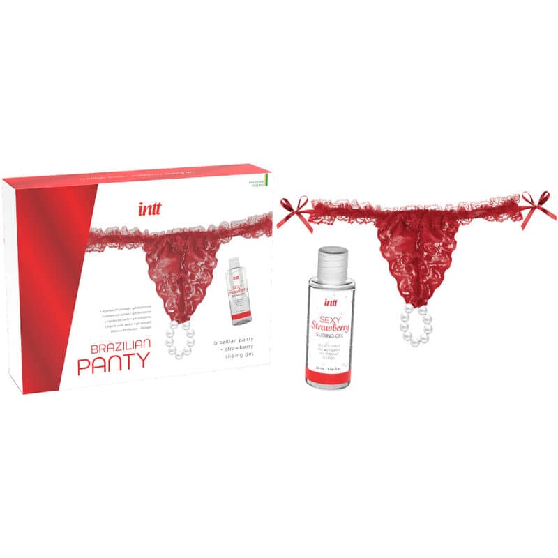 Set de lencería roja de encaje con anillo de perlas íntimas y lubricante sabor fresa