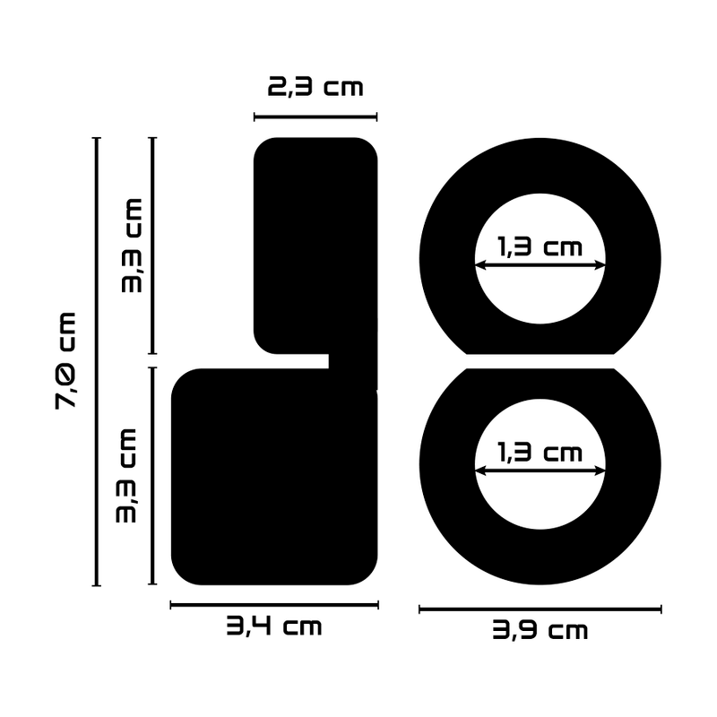 Dimensiones de anilla estranguladora: 7 cm de alto, 3.4 cm de ancho, 2.3 cm de detalle, con anillos de 1.3 cm de diámetro.