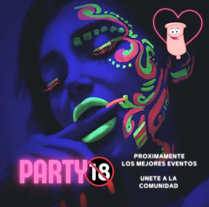 Mujer con arte corporal de neón promocionando una divertida fiesta para adultos; Únase a la comunidad para eventos emocionantes.