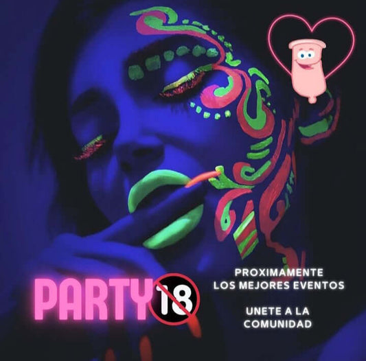 Mujer con arte corporal de neón promocionando una divertida fiesta para adultos; Únase a la comunidad para eventos emocionantes.