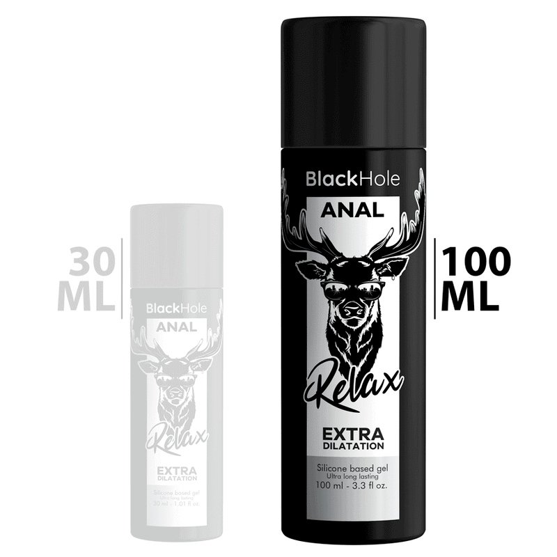 Lubricante íntimo Black Hole Anal Relax con efecto relajante, ideal para sexo anal cómodo y placentero, con fórmula de larga duración sin pérdida de sensibilidad.