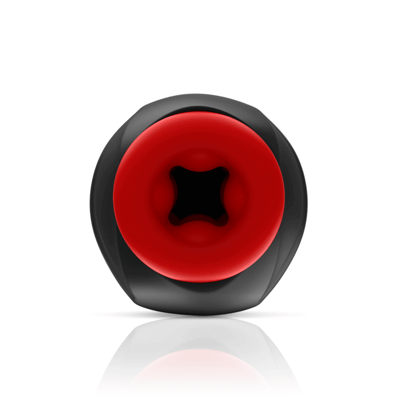 Masturbador Astra para pene con diseño ergonómico y textura suave en rojo y negro.