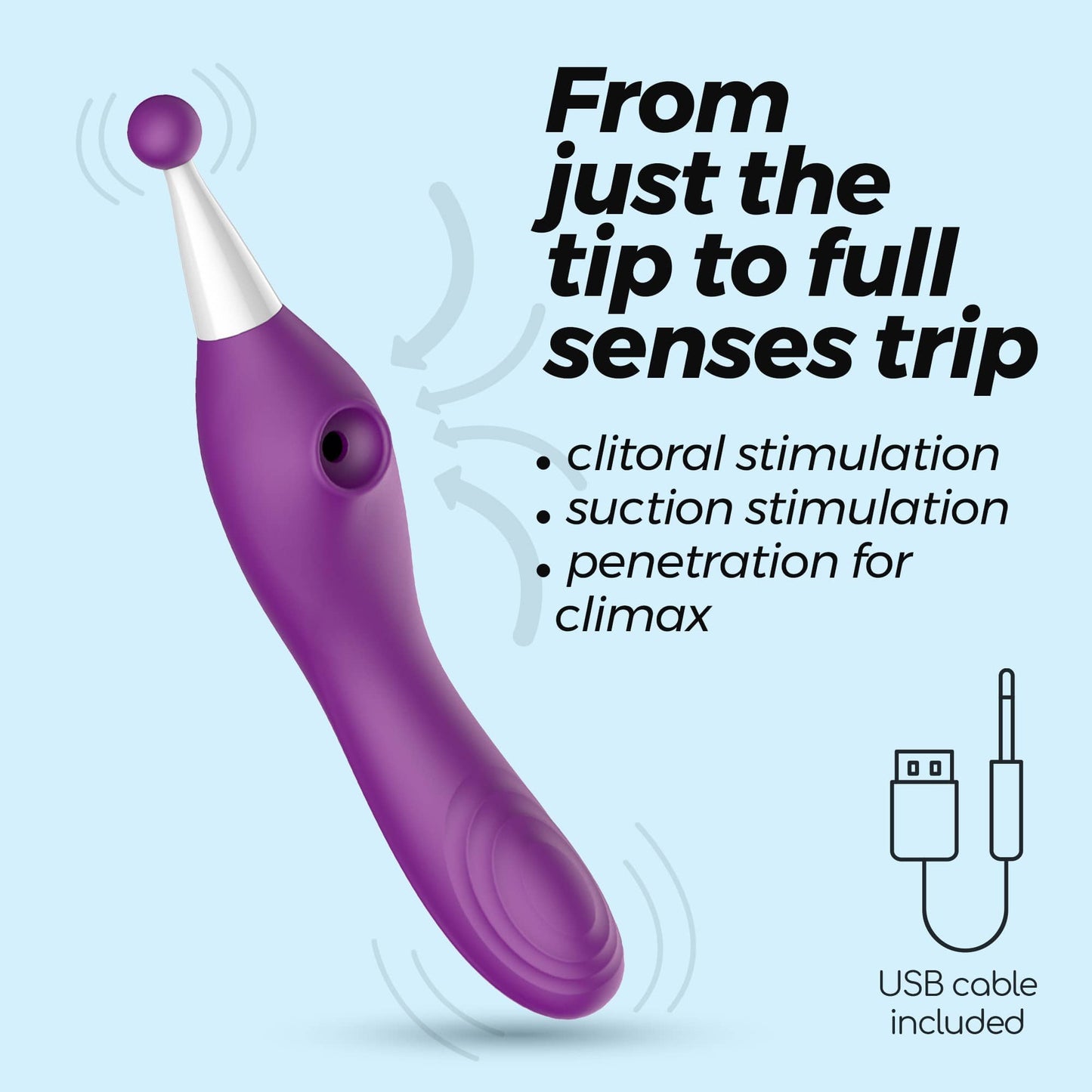 Succionador Vibrador Trinity 3 en 1 en color púrpura para estimulación clitoriana y penetración, incluye cable USB.