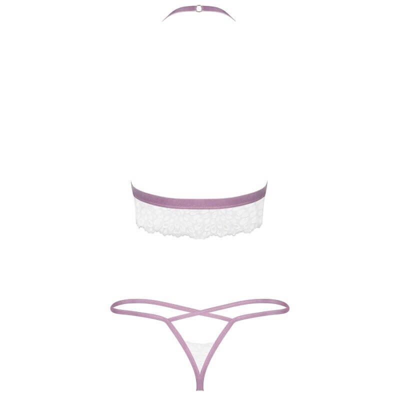 Conjunto de lencería blanco y lila con encaje, correas ajustables y diseño translúcido para un look sensual y cómodo.