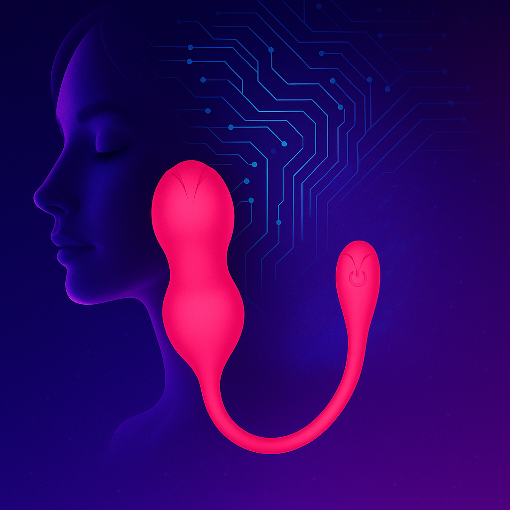 Ilustración digital de una mujer de perfil con circuitos de inteligencia artificial integrados, representando la fusión entre tecnología y placer íntimo