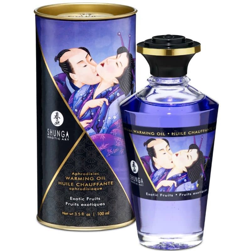 Aceite afrodisíaco de Shunga en envase elegante, diseñado para masajes sensuales con efecto térmico frío/calor.