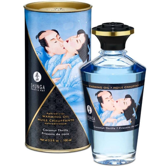 Aceite afrodisíaco de Shunga en envase elegante con diseño sensual, ideal para masajes estimulantes y placenteros.