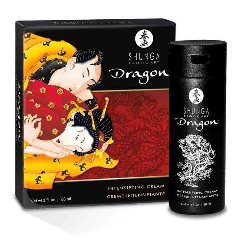 Crema Dragón Virility de Shunga con embalaje de arte erótico japonés y botella de crema intensificadora de 60 ml.