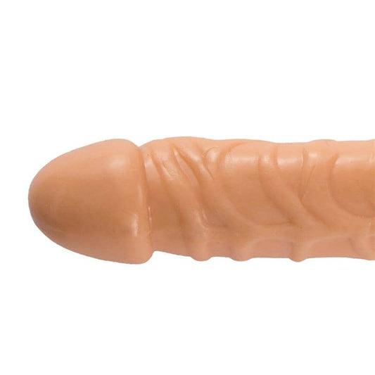 Dildo doble penetración en TPE color natural, con glandes y venas realistas en ambos extremos, flexible, impermeable y fácil de limpiar