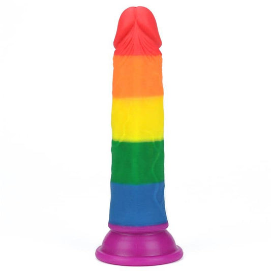 Dildo Pride con colores del orgullo, silicona médica curvada al cuerpo, base con succión y compatible con arnés.