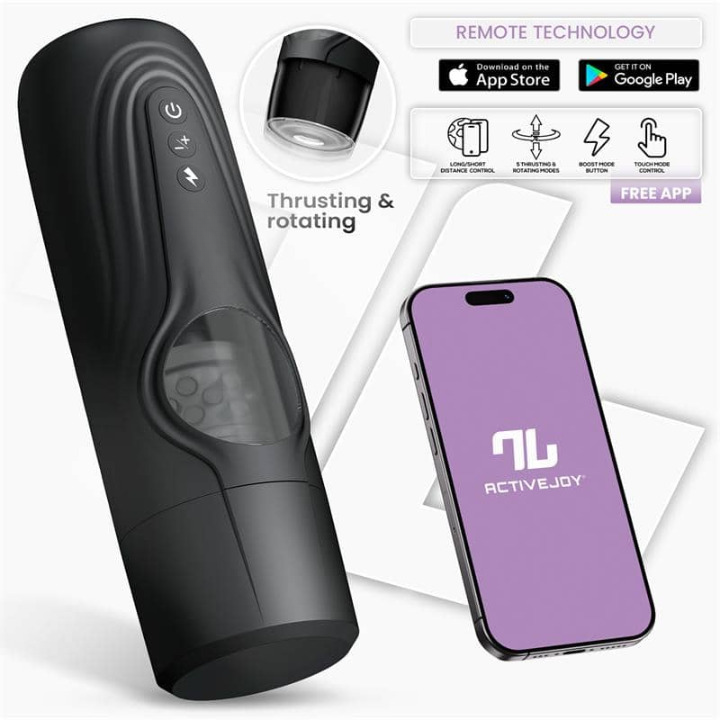 Masturbador masculino automático Egor con funciones de empuje y rotación, modo Turbo y control mediante app, fabricado en silicona premium impermeable y recargable.