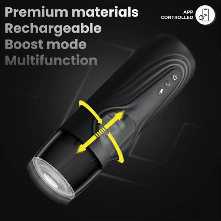 Masturbador masculino automático Egor con funciones de empuje y rotación, modo Turbo y control mediante app, fabricado en silicona premium impermeable y recargable.