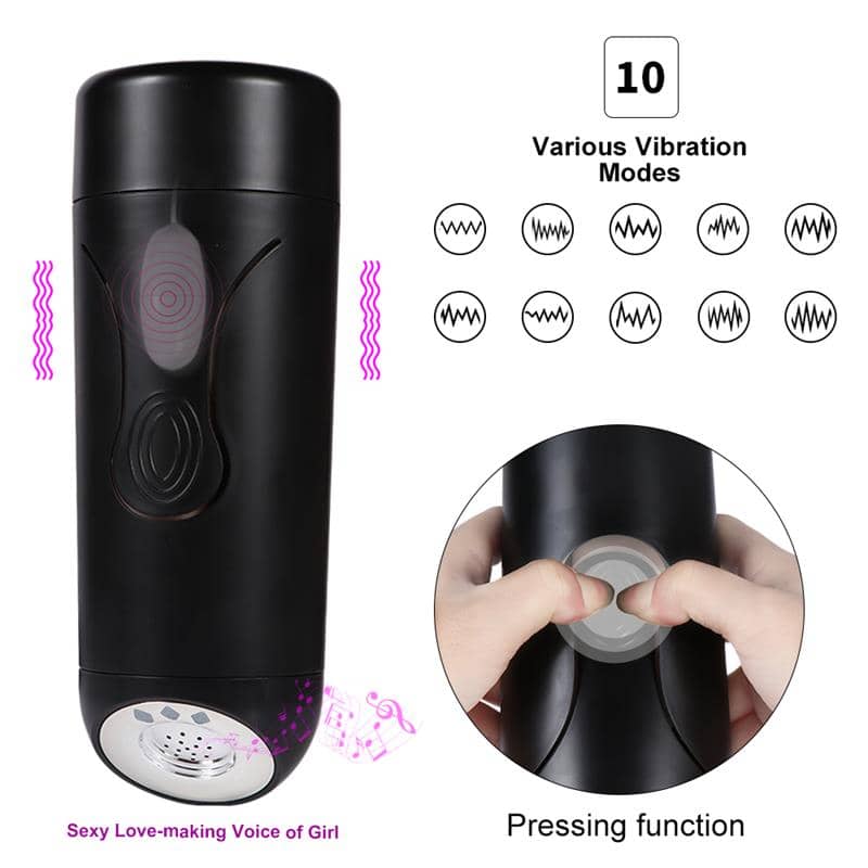 Vagina vibradora con gemidos y 10 modos de vibración, diseño ergonómico en negro, imagen ilustrativa de funciones y uso.