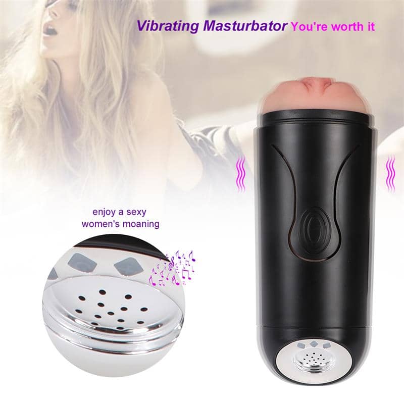 Masturbador masculino con abertura de vagina y 15 velocidades de vibración, ofreciendo gemidos y placer personalizado.