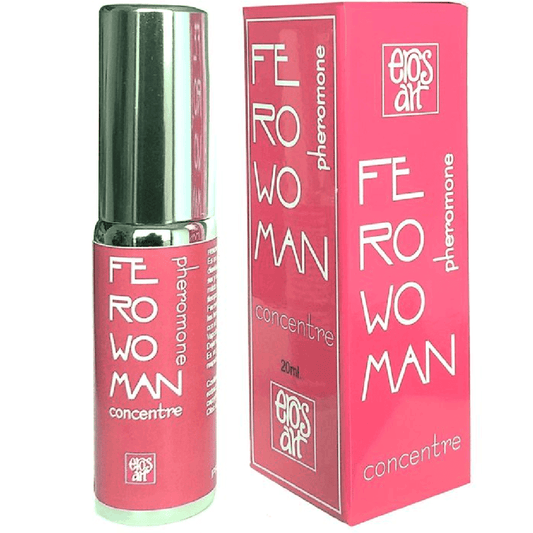 Ferowoman Concentrado en spray de feromonas para mujer en envase rosa, diseñado para potenciar la atracción y la confianza.