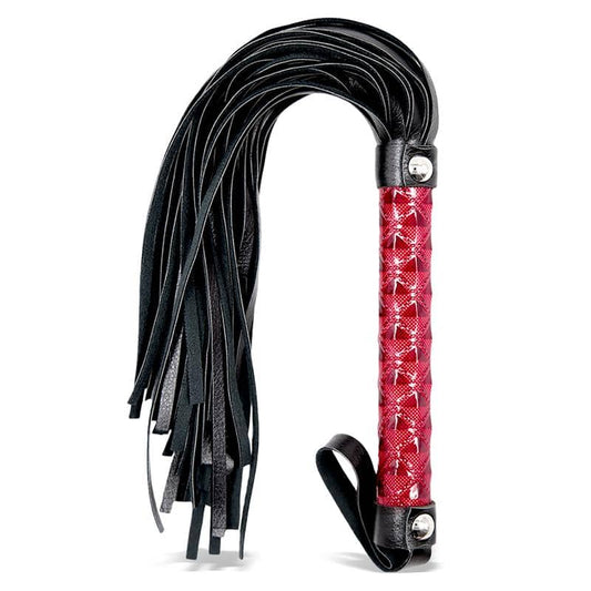 Flogger BDSM con mango ergonómico y diseño elegante, ideal para juegos de dominación, azotes y caricias sensuales.