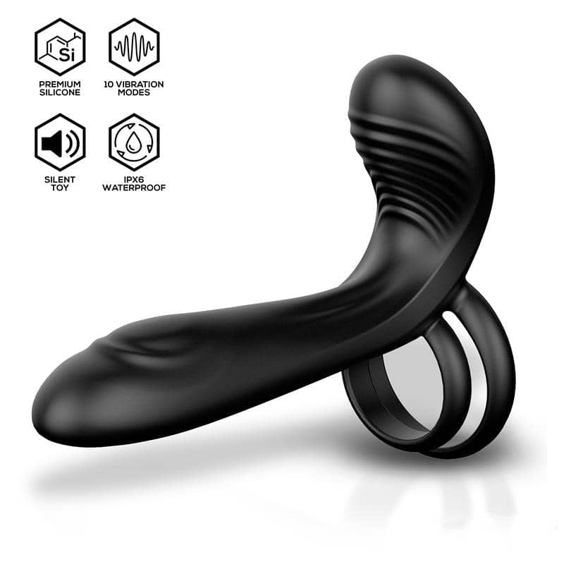 Vibrador de doble estimulación con cabeza curvada para estimulación interna y anillo flexible externo.