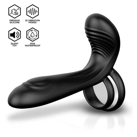 Vibrador de doble estimulación con cabeza curvada para estimulación interna y anillo flexible externo.