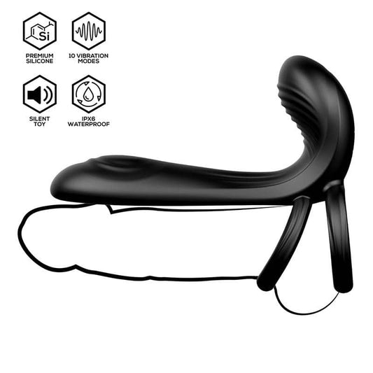 Vibrador de doble estimulación con cabeza curvada para estimulación interna y anillo flexible externo.