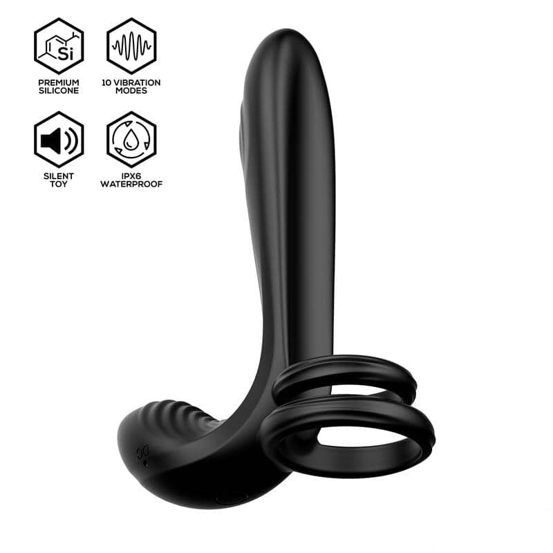 Vibrador de doble estimulación con cabeza curvada para estimulación interna y anillo flexible externo.
