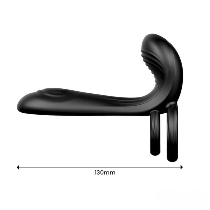 Vibrador de doble estimulación con cabeza curvada para estimulación interna y anillo flexible externo.