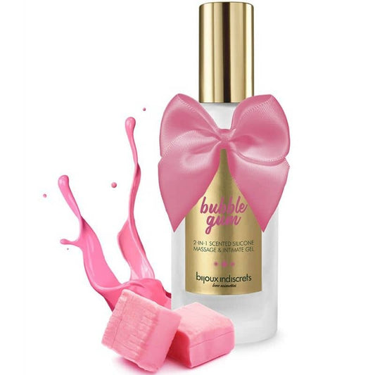 Gel íntimo y masajeador Bubble Gum 2 en 1 con fragancia a chicle de fresa.