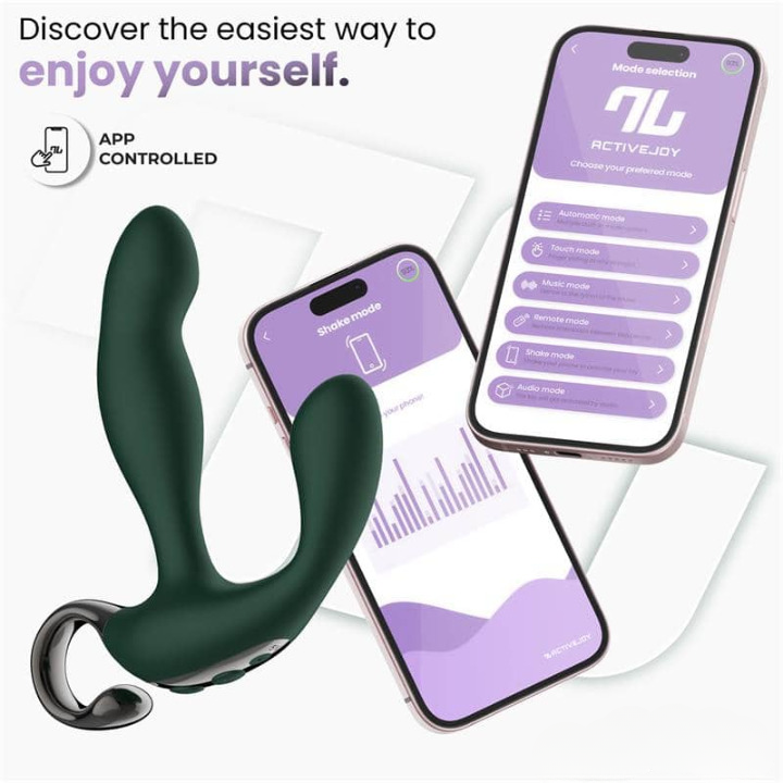 Vibrador de próstata negro con control por app, tres motores y diseño ergonómico para estimulación anal.
