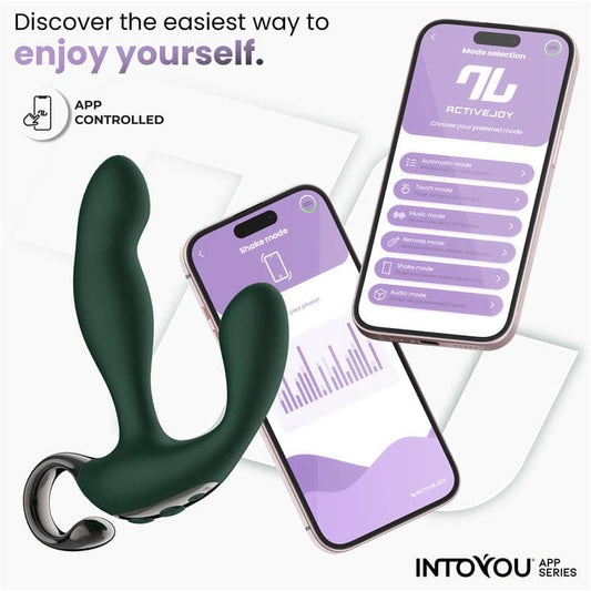 Vibrador de próstata negro con control por app, tres motores y diseño ergonómico para estimulación anal.