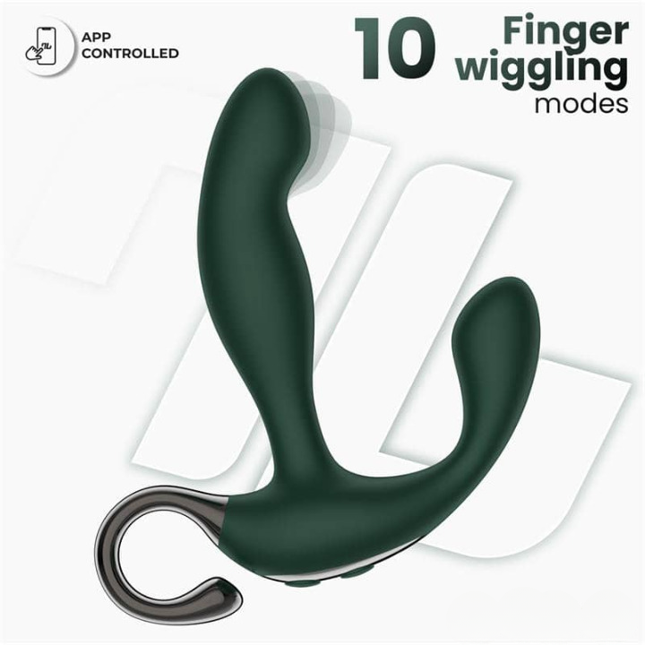 Vibrador de próstata negro con control por app, tres motores y diseño ergonómico para estimulación anal.