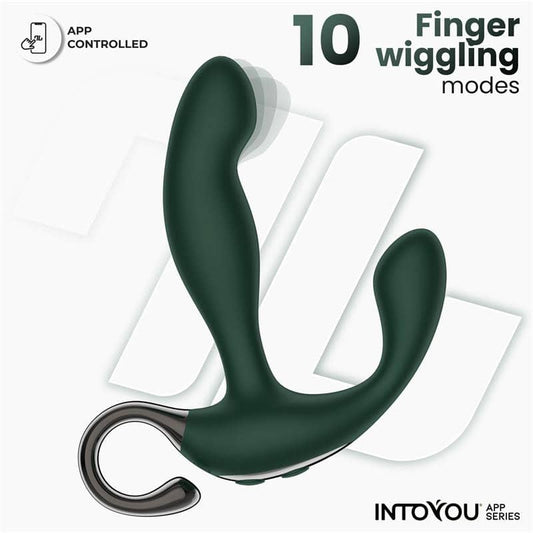 Vibrador de próstata negro con control por app, tres motores y diseño ergonómico para estimulación anal.