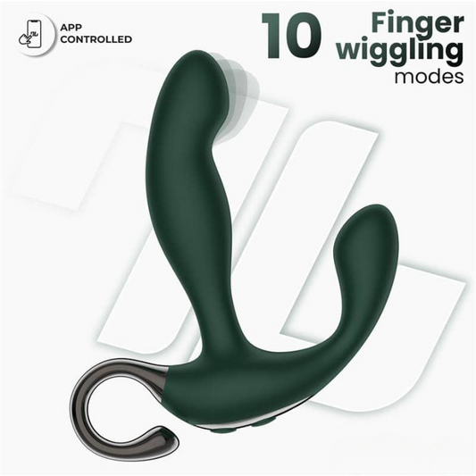 Vibrador de próstata negro con control por app, tres motores y diseño ergonómico para estimulación anal.