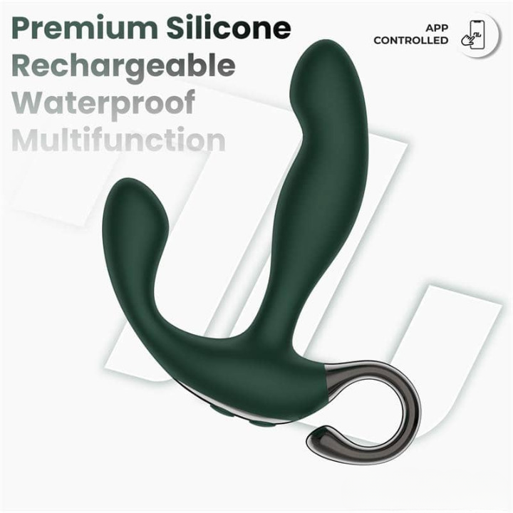 Vibrador de próstata negro con control por app, tres motores y diseño ergonómico para estimulación anal.