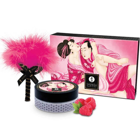 Kit de Polvos de Masaje Comestible de Shunga con pluma rosa y frambuesas.