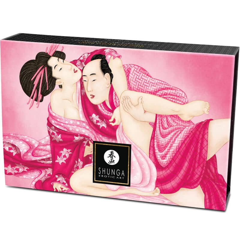 Caja de Kit de Polvos de Masaje Comestible de Shunga con arte erótico en tonos rosas y elaborados detalles.