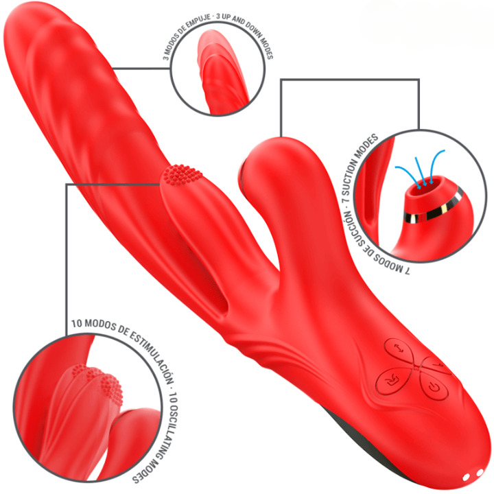 Vibrador multifuncional con empuje automático, vibración y succión en silicona premium