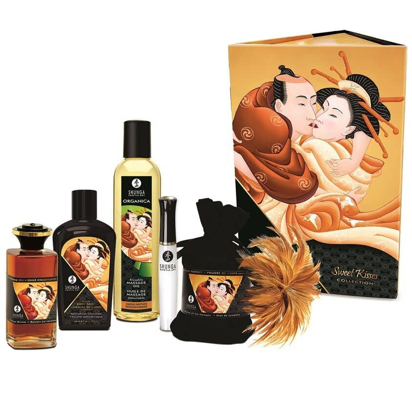 Shunga Kit Colección Dulces Besos con productos sensuales para momentos íntimos, con packaging elegante e ingredientes de alta calidad