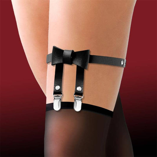 Liga sensual con cinta elástica y lazo negro decorativo, perfecta como accesorio de lencería elegante o para juegos eróticos.