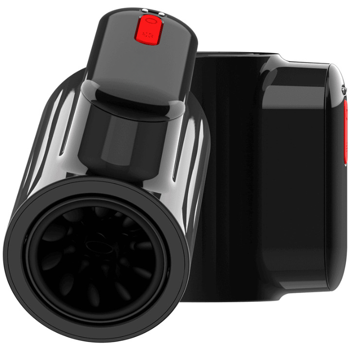 Masturbador masculino automático Vortex en negro con detalles rojos, con 10 modos de empuje, 10 modos de rotación y modo turbo, diseño ergonómico resistente al agua y recargable.